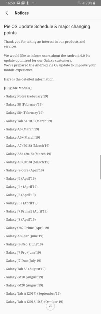 Samsung Android 9 Pie Roadmap